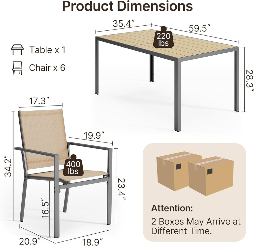 Ahomly Patio Table and Chairs Set for 6, Outdoor Dining Set Includes 59.5' Rectangle Patio Table with Side Umbrella Hole and 6 Textilene Fabric Patio Chairs for Backyard, Courtyard, Poolside, Brown