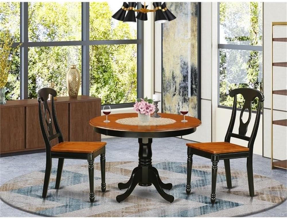 East West Furniture HLKE3-BCH-W 3 Piece Dining Room Furniture Set Contains a Round Dining Table with Pedestal and 2 Wood Seat Chairs, 42x42 Inch, Black & Cherry