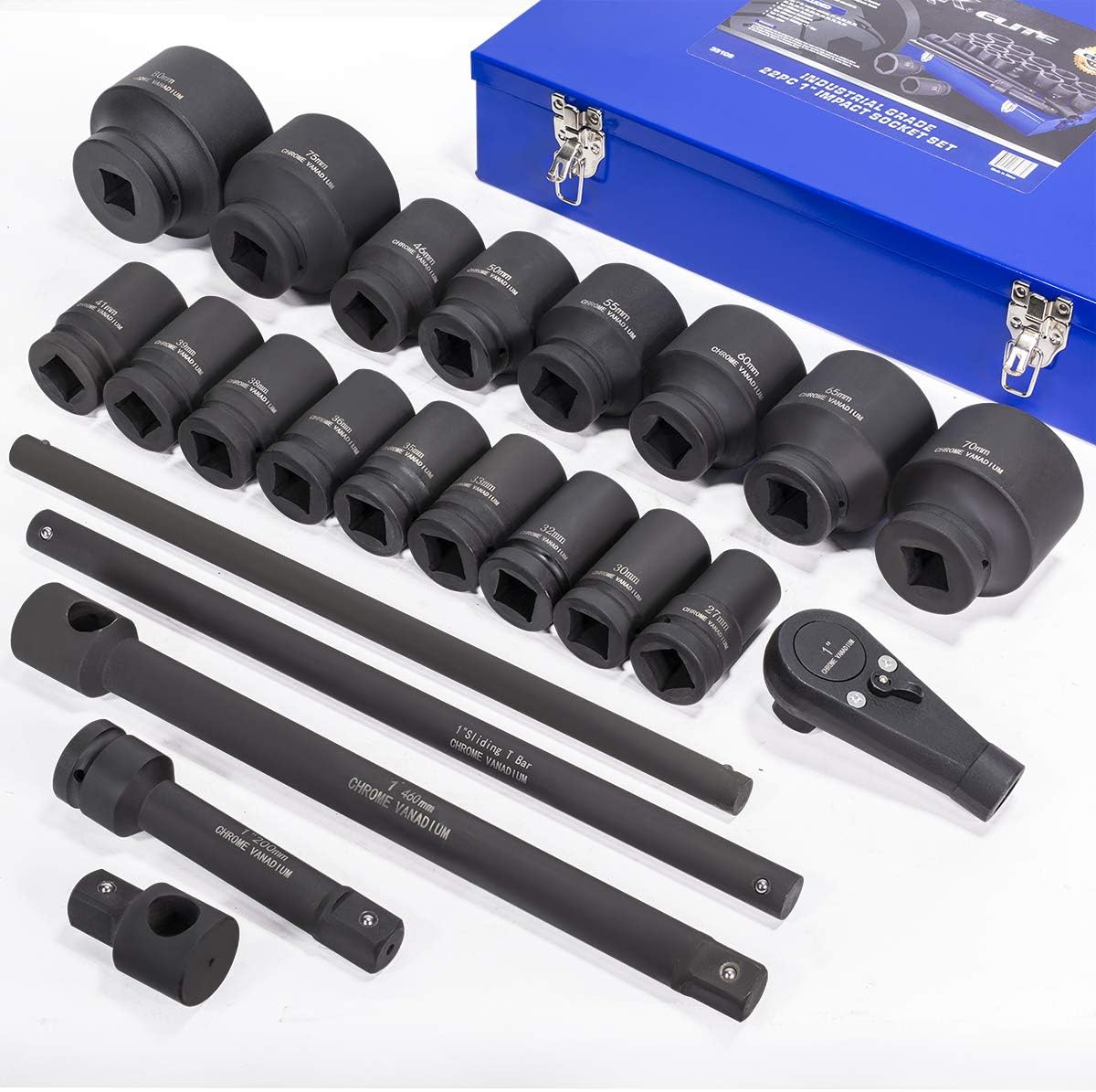 Stark USA 21-Pieces Metric Jumbo Assortment Impact Socket Set 1-inch DR Deep MM Drive Extension Bar with 27mm to 80mm Case
