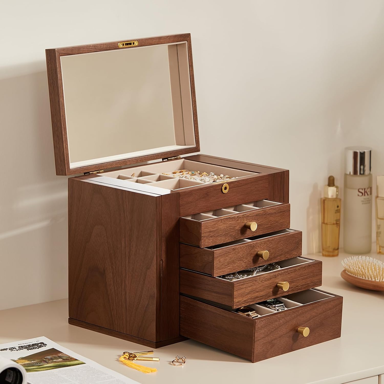 Black Walnut Wooden Jewelry Box, Wood Jewelry Organizer with 2 Side Doors Mirror Lockable Classical Style for Watch Necklace Ring Earring Storage Mothers Day Gifts for Mom-5 Layer