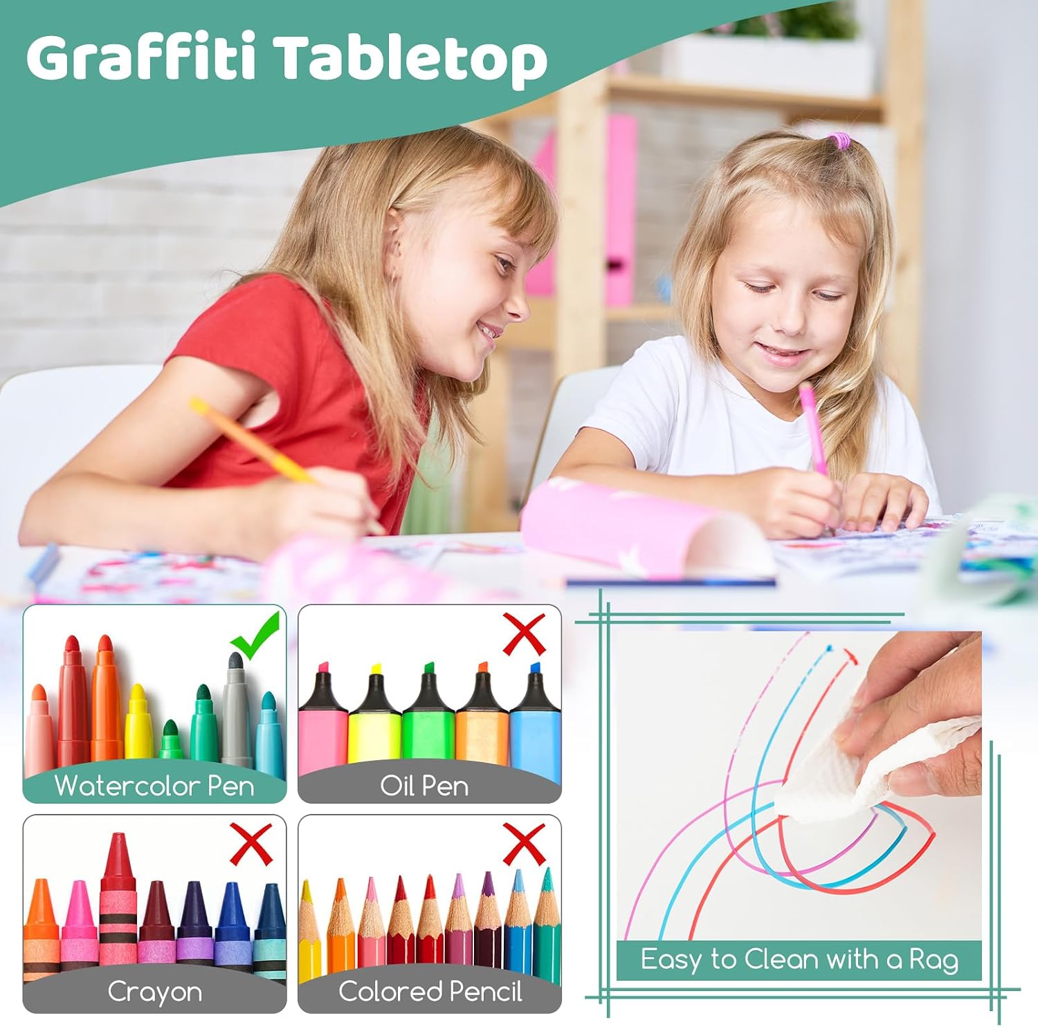 Costzon Kids Table and 4 Chair Set, Height Adjustable Toddler Desk and Chairs with Graffiti Desktop, Non-Slip Legs, Children Art Study Multi-Activity Table Set for Home, Daycare, School (Green)