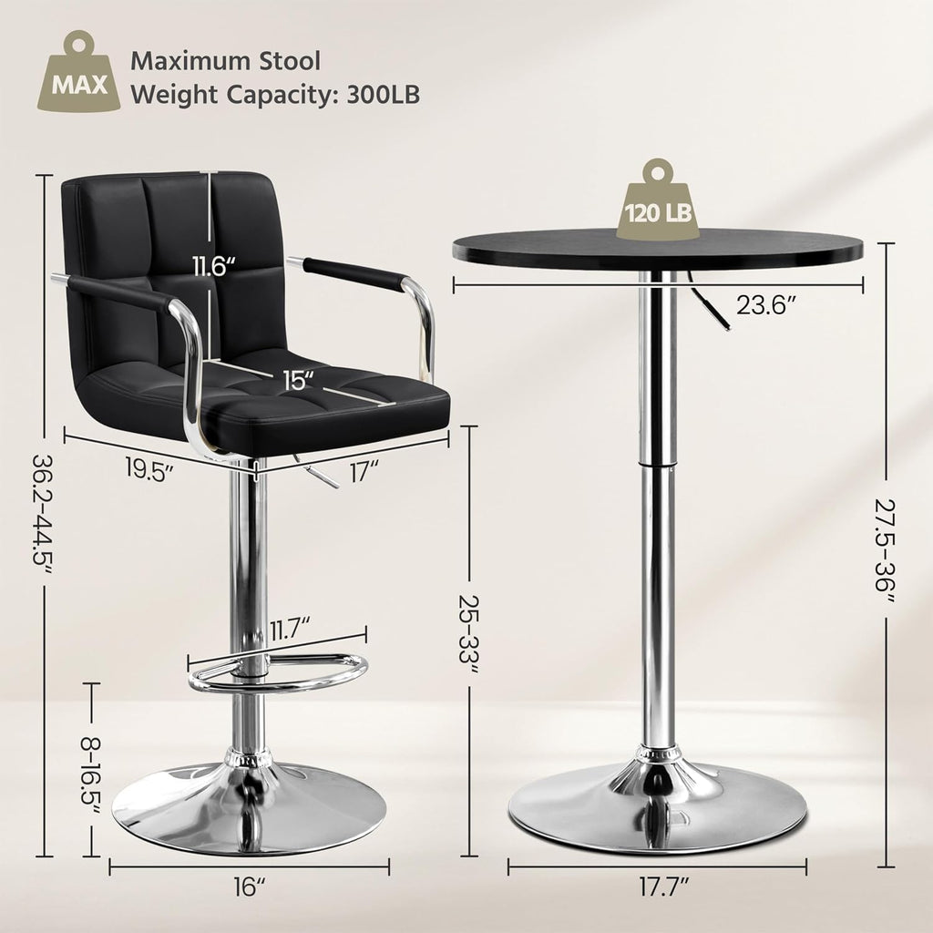 Yaheetech 3-Piece Round Bar Table and PU Leather Adjustable Swivel Chairs, Modern Counter Height Table Set with 2 Bar Stool for Kitchen, Black