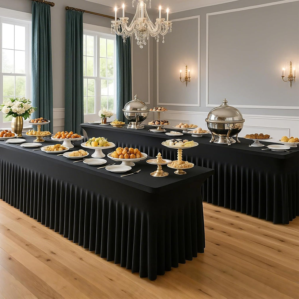 Deep Dream 6 Pack Black Spandex Fitted Tableclothes for 8 Foot Rectangle Tables, Wrinkle Free 8FT Fitted Table Cover, Stretch Tablecloth Table Skirt for Party, Banquet, Wedding and Events