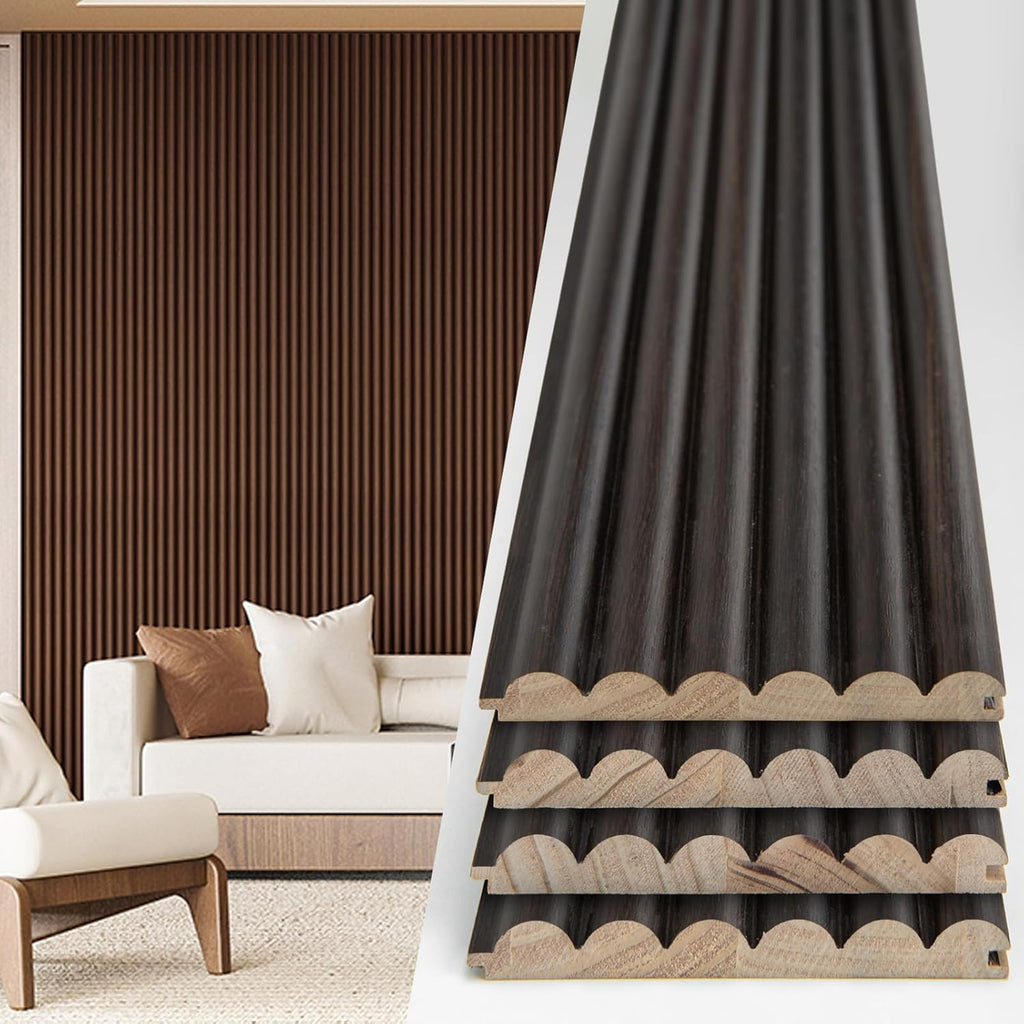 Art3d Fluted Wood Panel - 108 x 5.7 x 0.7in for Wall & Ceiling, Beaded Accent Molding for Home Decoration, Pack of 4pcs + 1pc End-Trim, Beaded Smoked Oak