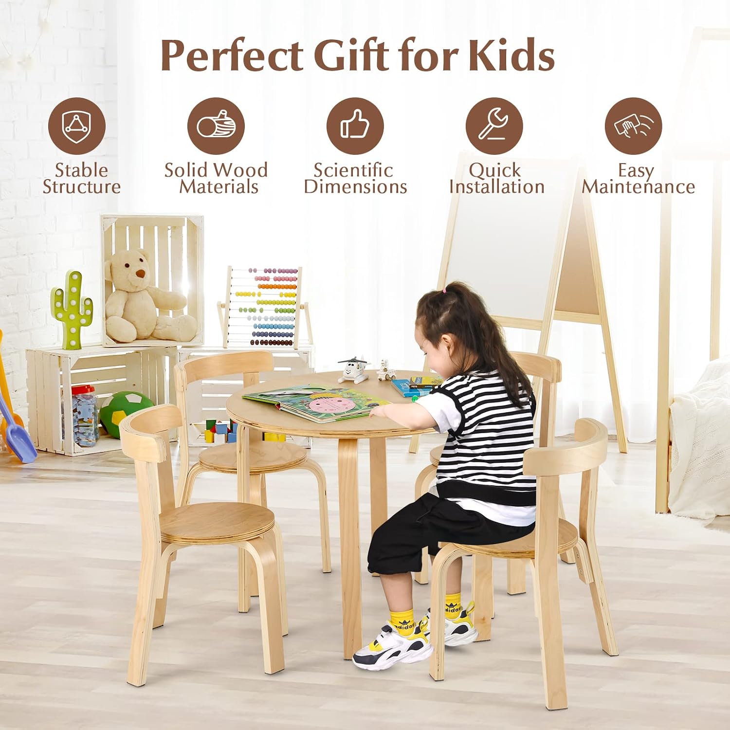 Costzon Kids Table and Chair Set, 5-Piece Wooden Activity Desk Set w/Toy Bricks, Classroom Playroom Daycare Furniture for Playing, Drawing, Reading, Bentwood Toddler Table and Chairs (Natural)