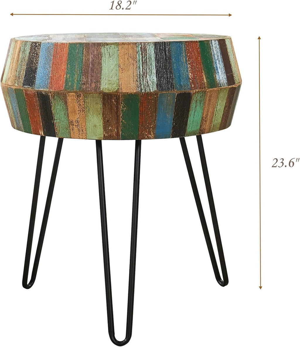 Multicolor Wood Round Drum Side Table 18.2'x18.2'x23.6'H Reclaimed Wooden Farmhouse Rustic Coffee End Table Vintage Accent Plant Stand Outdoor Living Room Bedroom Patio Home Decor