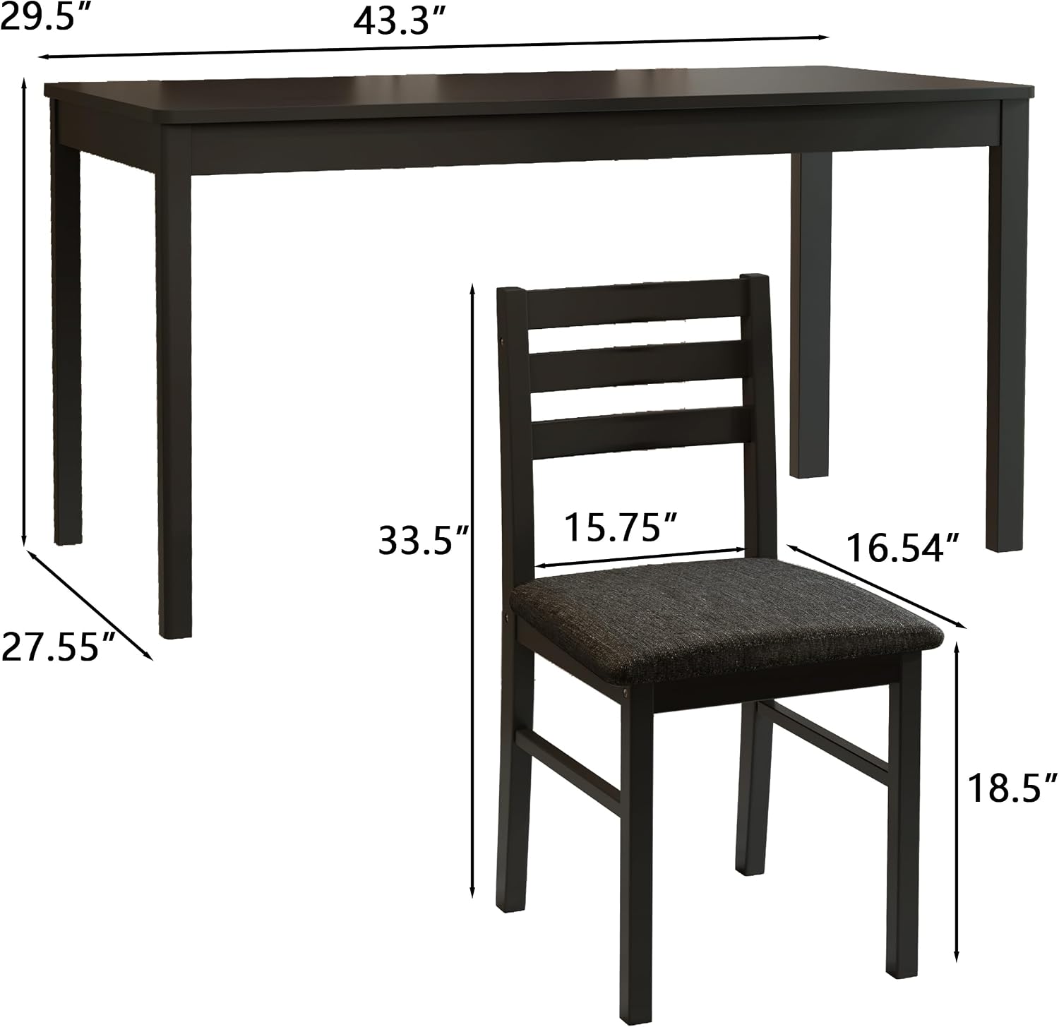 5-Piece Solid Wood Indoor Modern Rectangular Dining Table Set for 4,Table and 4 Chairs Set with Soft Cushions for Kitchen,Bar,Living Room,Breakfast Nook,Black