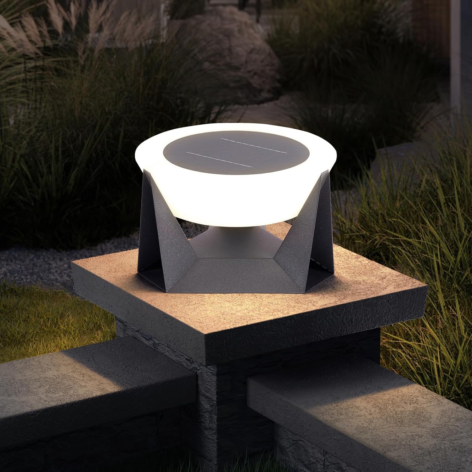 Solar Post Lights, 11' Modern Post Light Dusk to Dawn Outdoor Column Cap Light Waterproof Solar Gate Pillar Lamp 3000K LED Landing Lighting Fixture for Patio Garden Decoration