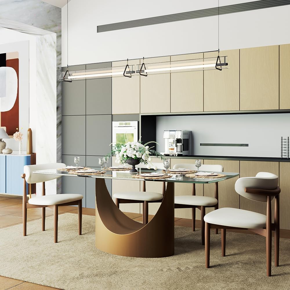 POVISON 71' Glass Dining Table for 6-8, Modern Rectangular Dining Table,Tempered Glass Table Top with U-Shaped Bronze Base,Ideal for Kitchens, Living Rooms(Table Only)