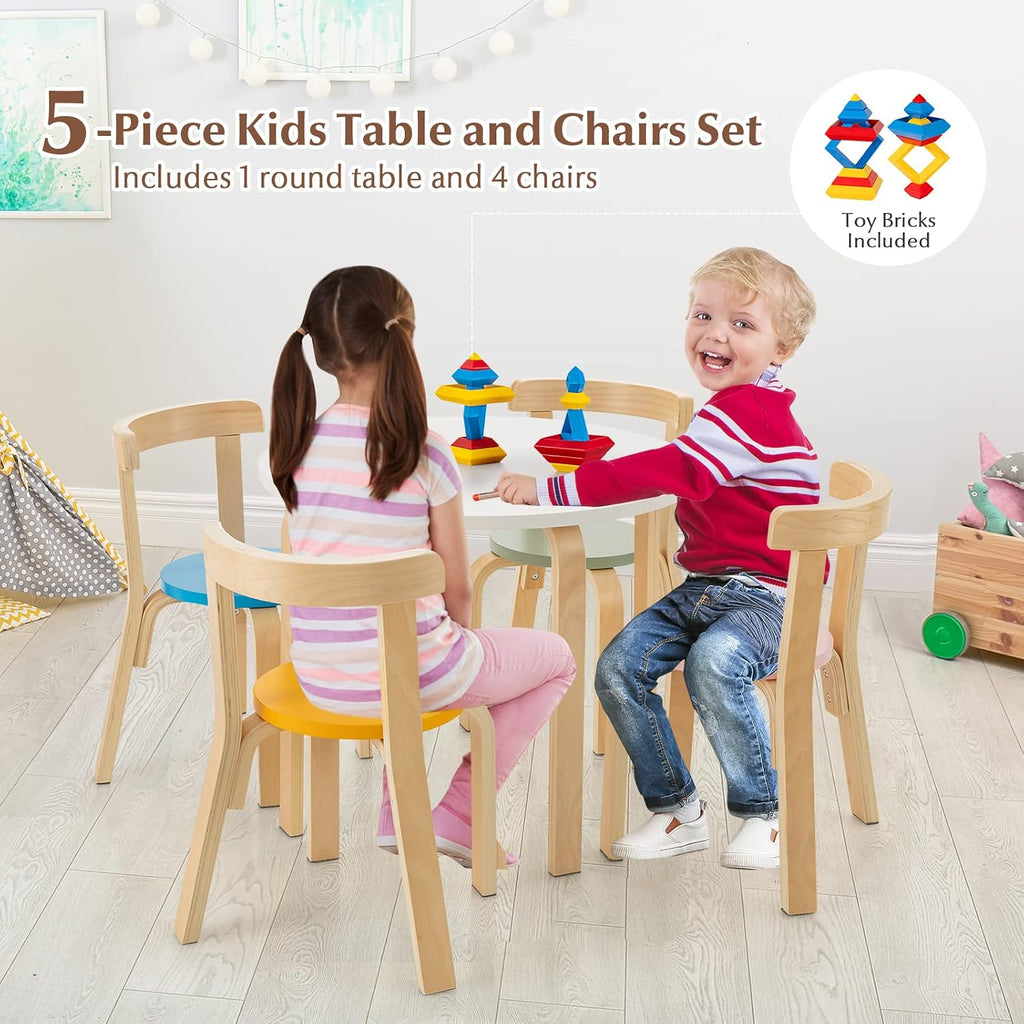 Costzon Kids Table and Chair Set, 5-Piece Wooden Activity Desk Set w/Toy Bricks, Classroom Playroom Daycare Furniture for Playing, Drawing, Reading, Bentwood Toddler Table and Chairs (Assorted)