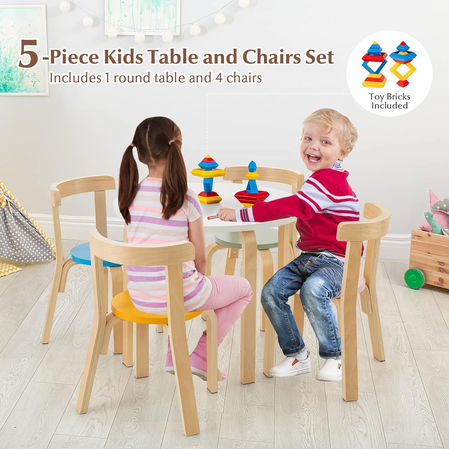 Costzon Kids Table and Chair Set, 5-Piece Wooden Activity Desk Set w/Toy Bricks, Classroom Playroom Daycare Furniture for Playing, Drawing, Reading, Bentwood Toddler Table and Chairs (Assorted)