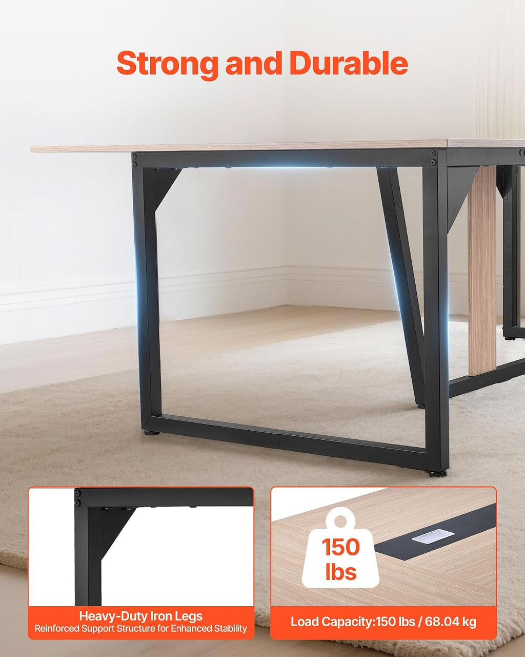 VEVOR Conference Table, 8 ft Office Meeting Table for 10 Person, Modern Rectangle Seminar Desk with Metal Legs, Large Meeting Desk Ideal for Office, Boardroom, Conference Room, Easy Assembly, Brown