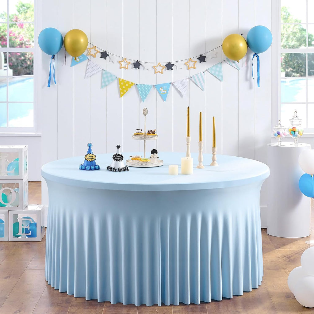 6 Pack Spandex Baby Blue Round Tablecloths for 60in Table, Stretchy 120inch Fitted 5ft Table Cloths, Wrinkle Free Round Tablecovers Skirt for Wedding Birthday Parties Baby Shower Banquet