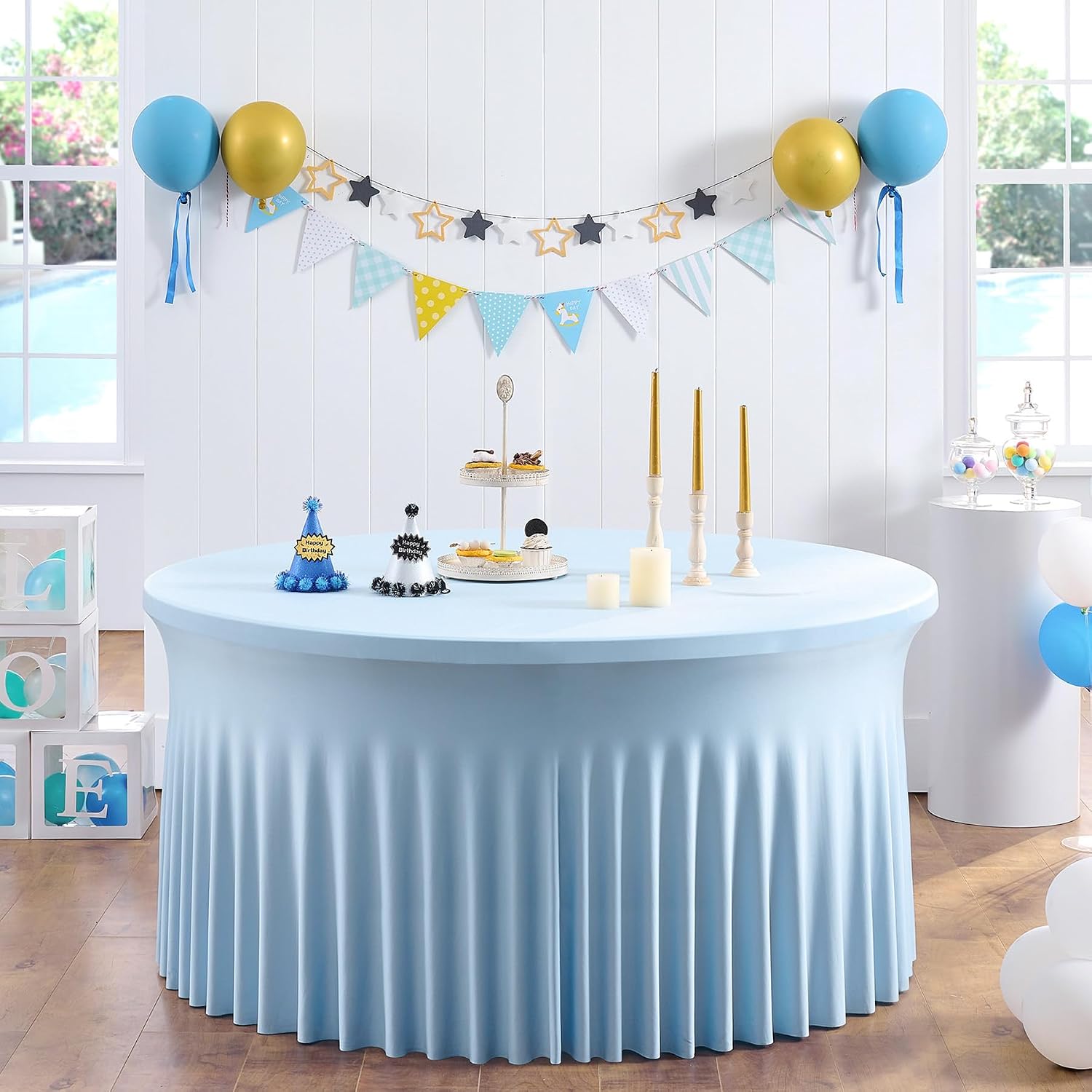 6 Pack Spandex Baby Blue Round Tablecloths for 60in Table, Stretchy 120inch Fitted 5ft Table Cloths, Wrinkle Free Round Tablecovers Skirt for Wedding Birthday Parties Baby Shower Banquet