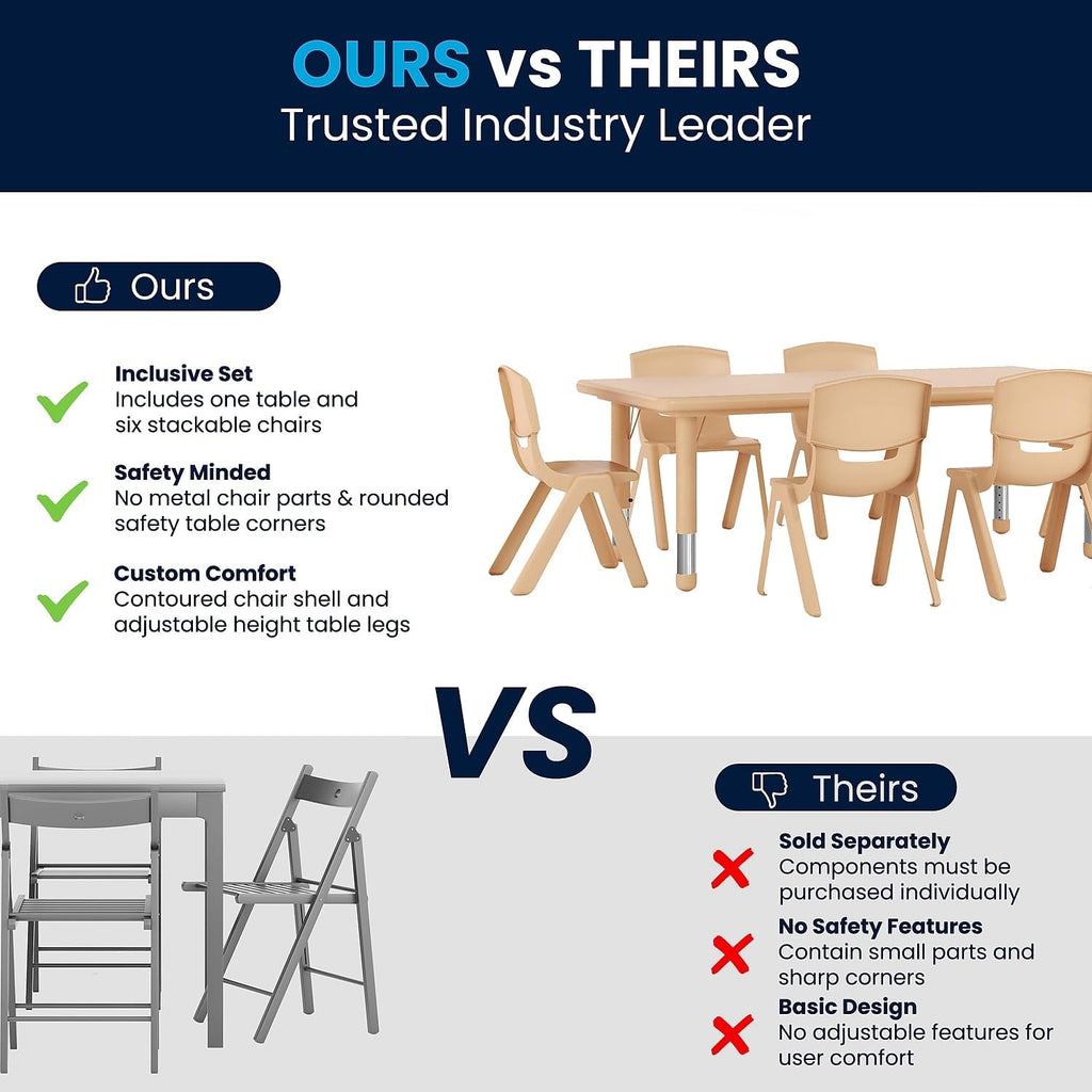Flash Furniture Adjustable Classroom Activity Table with 6 Stackable Chairs, Rectangular Plastic Activity Table for Kids, 24' W x 48' L, Natural