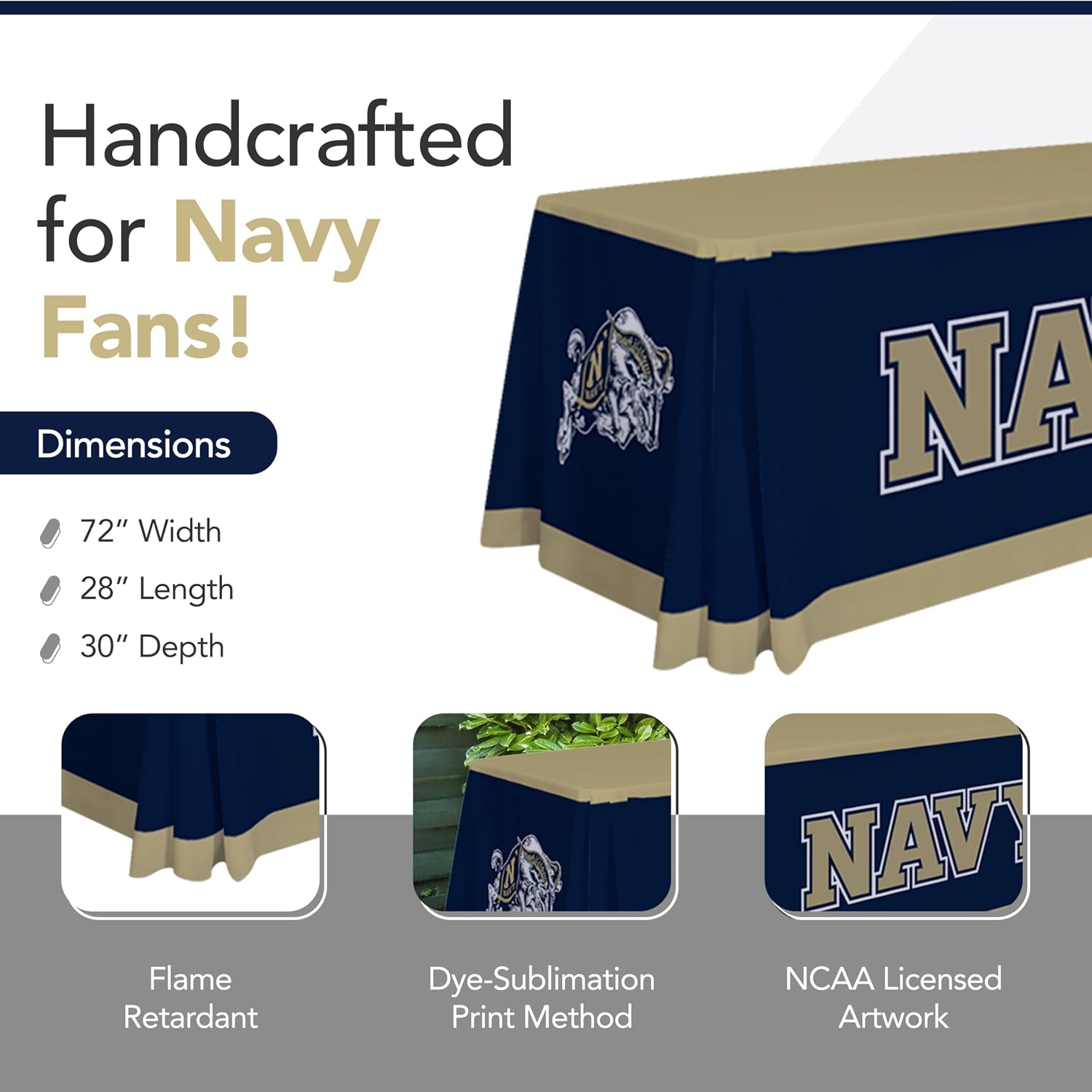 Victory Corps Navy Midshipmen College Sports Printed Table Throw - NCAA Licensed - Polyester - School Tablecloth (6' Draped) (Gold, Navy Blue)
