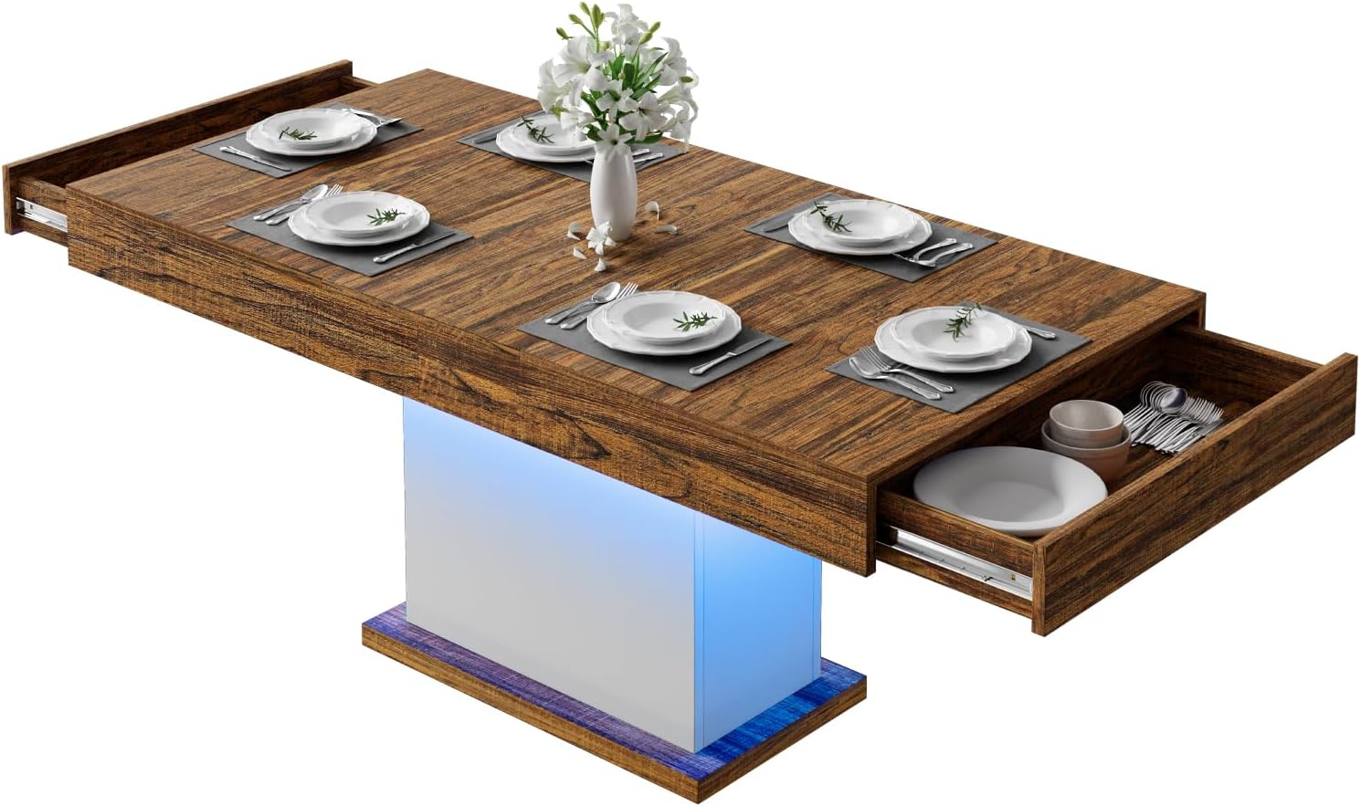 55' Dining Table for 4 to 6 People, Farmhouse Wood Dinner Table with Drawers & Led Lights for Kitchen, Dining Room & Living Room (Oak Brown & White)