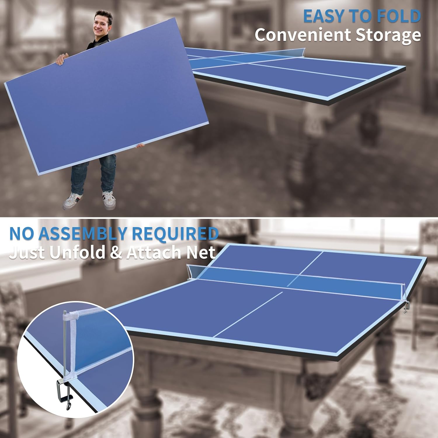 Foldable Ping Pong Table Top for Billiard Table, 6FT/7FT/8FT/9FT Table Tennis Table Topper for Pool Table, Indoor Outdoor Portable Table Tennis Conversion Top w/Net & Foam Padding