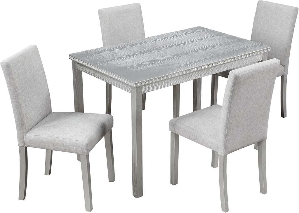 LUMISOL Dining Table Set for 4, 5-Piece Solid Wood Kitchen Table Set with 4 Upholstered Chairs for Kitchen, Dining Room, Home Bar, Grey