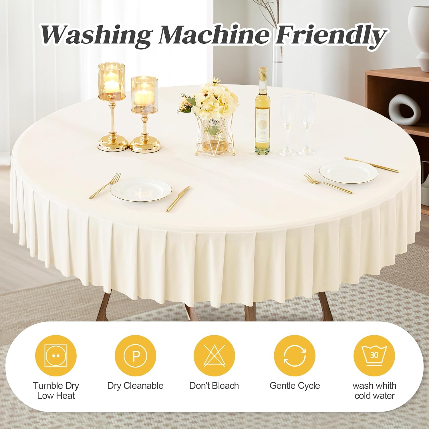 Ivory Spandex Round Tablecloths - 6 Pack, Fitted 5FT, Wrinkle Free Table Cover with Skirt for Wedding Party Dining Banquet