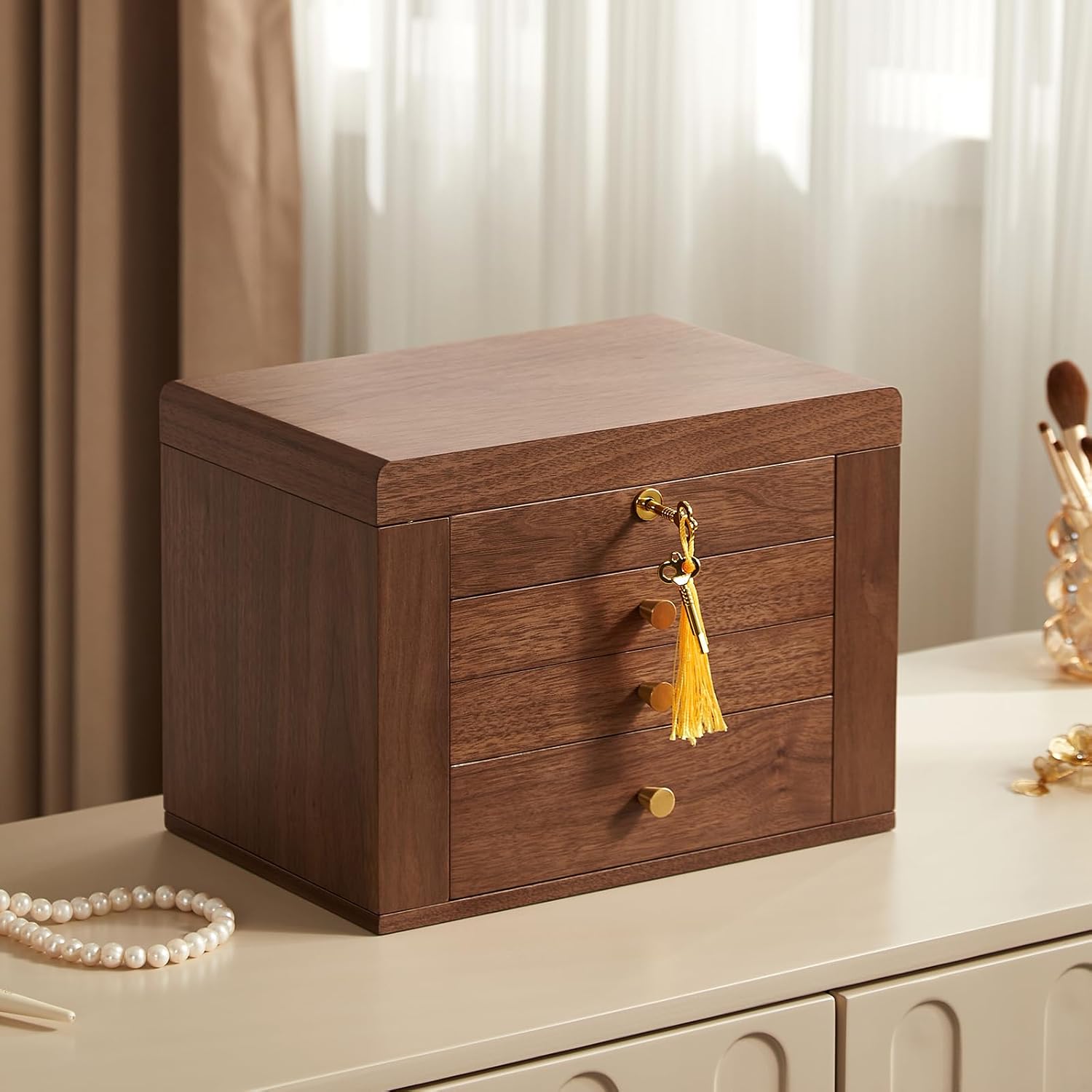 Black Walnut Wooden Jewelry Box, Wood Jewelry Organizer with 2 Side Doors Mirror Lockable Classical Style for Watch Necklace Ring Earring Storage, Ideal Gift-4 Layer
