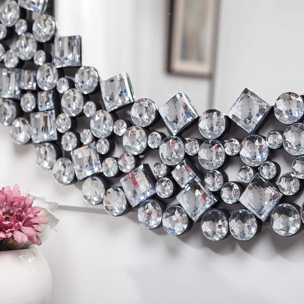 SHYFOY 35.5' Oversize Jeweled Ornate Wall Mirrors Decorative Crystal Accent Round Mirrors for Wall Home Decor, Modern Crushed Diamond Gemstone Mirror for Living Room