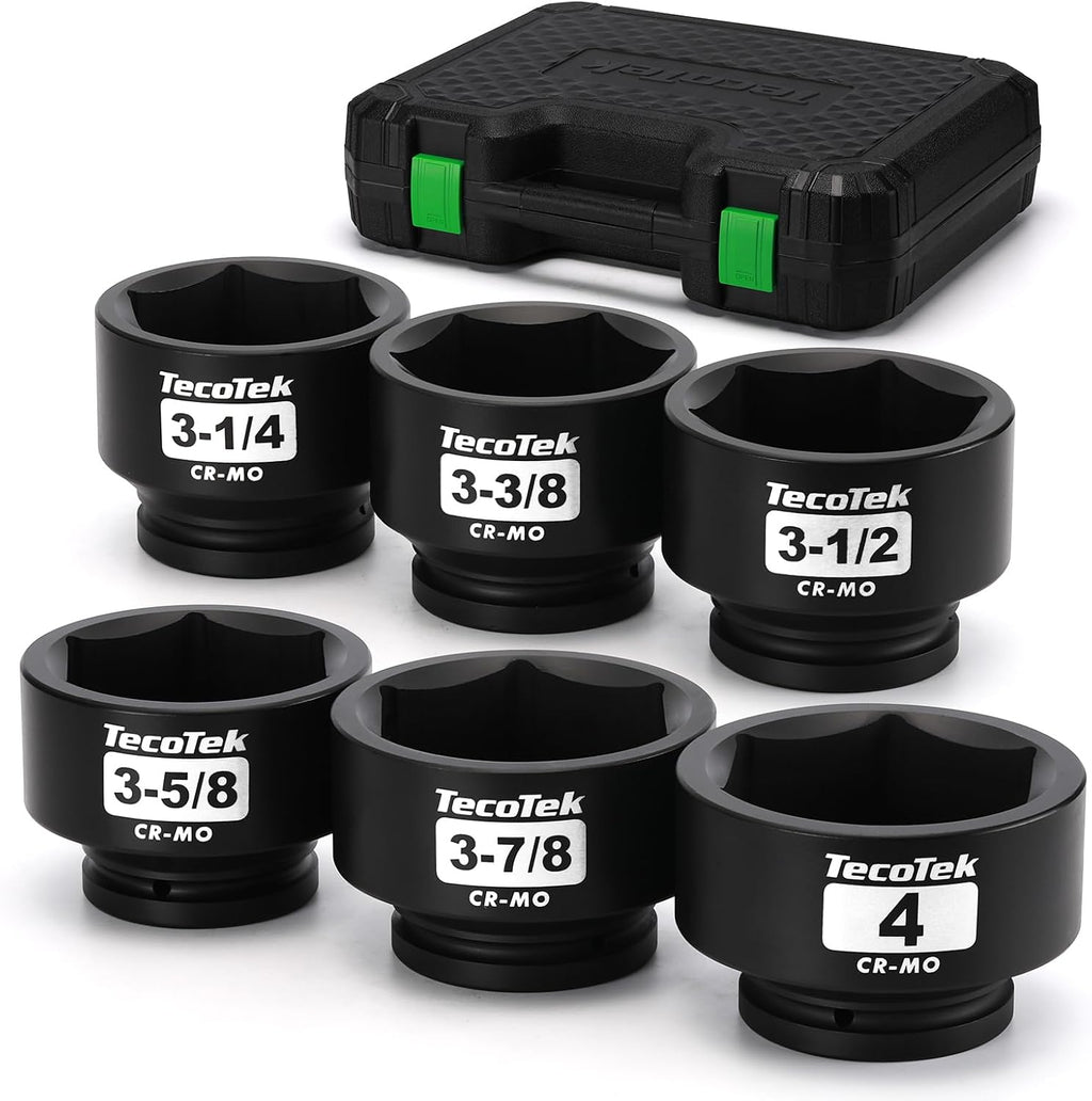 TecoTek 1' Drive Jumbo Shallow Impact Socket Set, 6-Piece Jumbo Assortment, SAE, 3-1/4 Inch to 4 Inch, CR-MO Steel with Case
