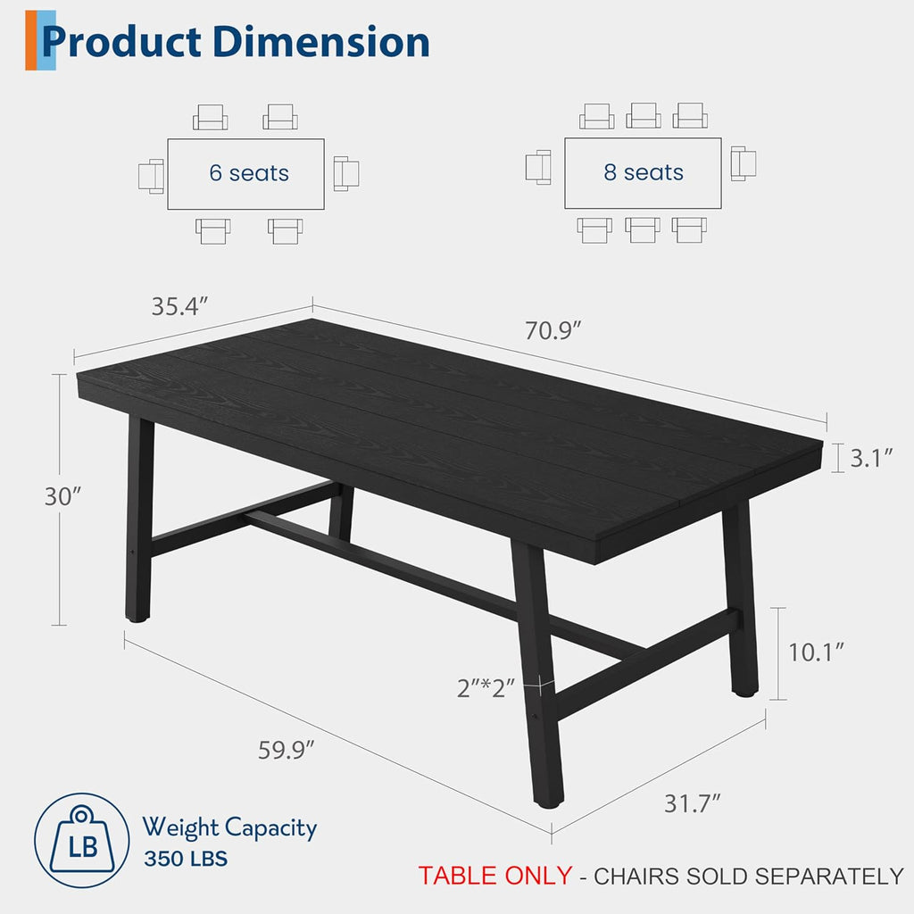 GarveeHome Industrial Dining Table for 6-8 People, 70.87' Long Large Kitchen Table with Sturdy Metal Frame, Rectangular Counter for Dinner, Kitchen, Dining Room (Black, 71' Non-extendable)
