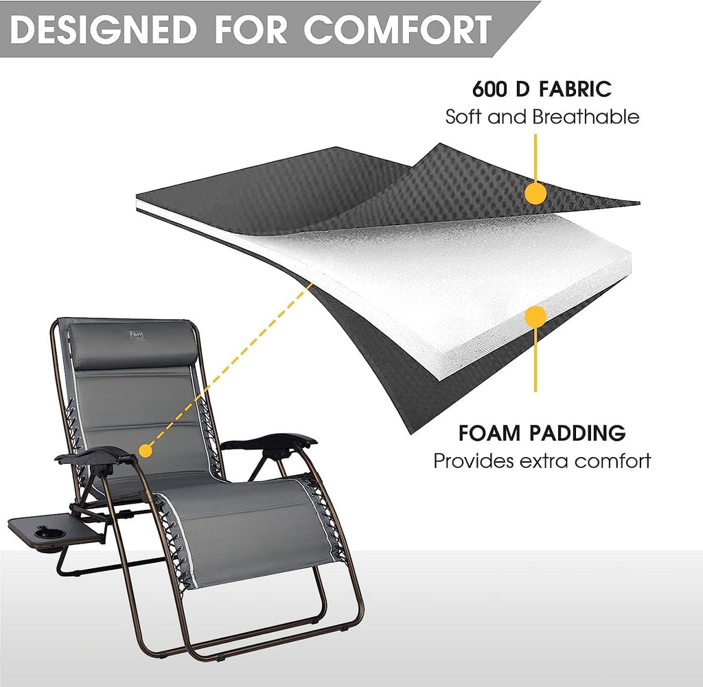 Timber Ridge Oversized Zero Gravity Chair, 33In Wide XXL Zero Gravity Reclining Chair with Side Table, Full Padded Lounge Chair for Outdoor Camping Patio Lawn, Heavy Duty Supports 500lbs, Grey-2 Pack