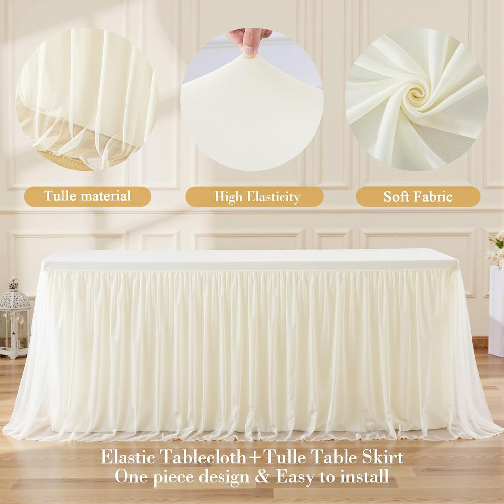 4 Pack 8ft Ivory Tulle Tablecloths for Rectangle Tables, 8 Foot Ivory Rectangular Table Cloth Wrinkle Free Tablecover with Tutu Skirt for Wedding Baby Shower Birthday Party Banquet Buffet Cake