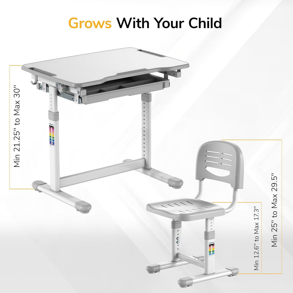 Mount-It! Kids Desk and Chair Set Height Adjustable up to 30' Ergonomic for School - Table and Chairs for Student 26' x 18' Tabletop with Pencil Drawer, 3-10 Age Children, Grey
