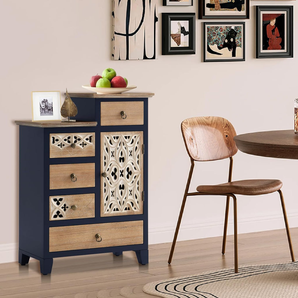 Ahokua Farmhouse Accent Chest with Carved Door and 5-Drawers, Vintage Storage Cabinet Modern Dresser for Living Room, Entryway, Hallway, Multi-Drawer Organizer, Natural and Deep Blue