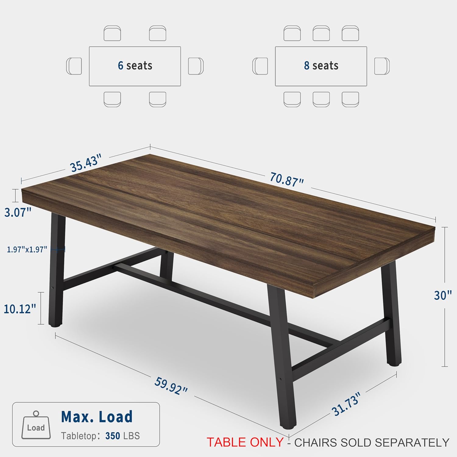 GarveeHome Industrial Dining Table for 6-8, 70.87' Heavy Duty Rectangular Kitchen Table with 2'×2' Metal Legs & Wood Top, Large Dining Table for Home Office, Dining (Brown, 71' Non-Extendable)