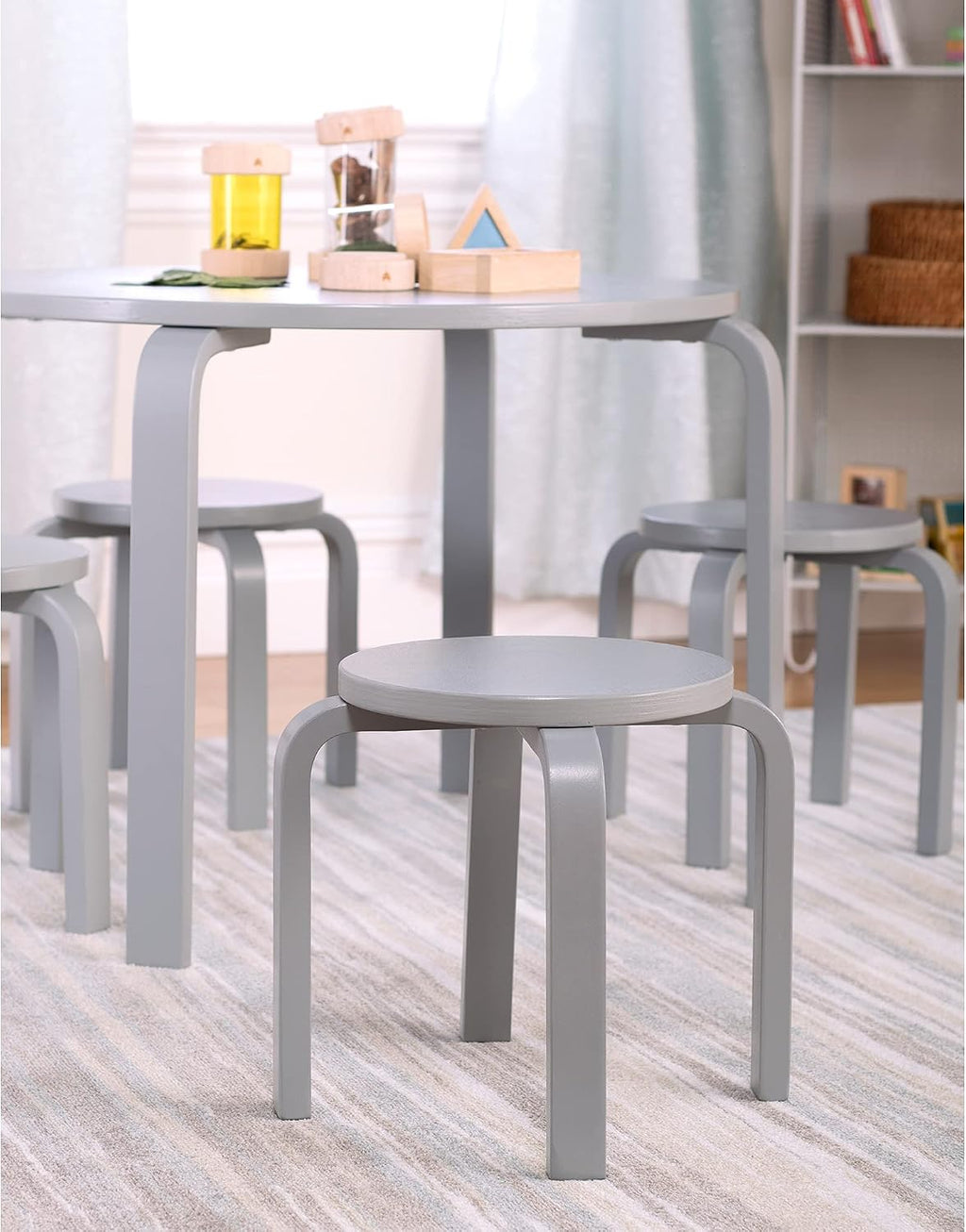 Guidecraft Nordic Table and Stools Set for Toddlers: Gray - Stacking Bentwood Stools with Curved Wood Activity Play Table - Toddler's Modern Kitchen, Playroom and Classroom Furniture