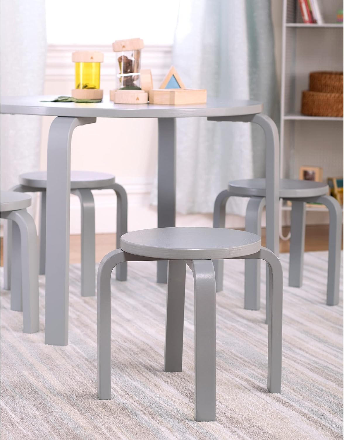 Guidecraft Nordic Table and Stools Set for Toddlers: Gray - Stacking Bentwood Stools with Curved Wood Activity Play Table - Toddler's Modern Kitchen, Playroom and Classroom Furniture