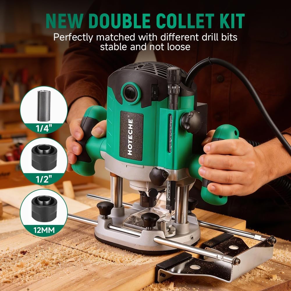 Hoteche 2100W Wood Router, 8000-23500RPM, 0-55MM Depth, 1/2' Collet, Aluminum Base with Complete Accessories