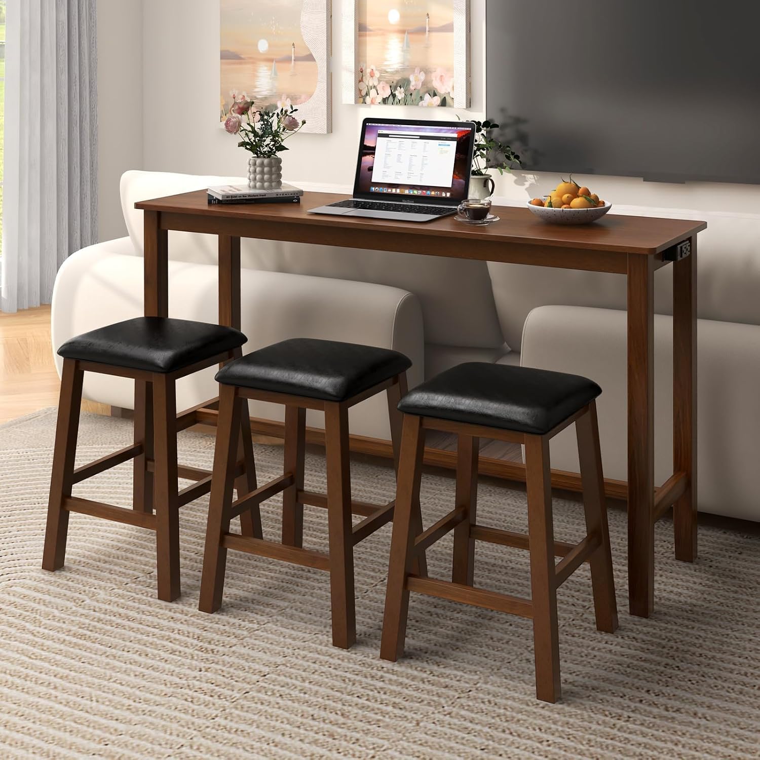 Tangkula 4-Piece Bar Table with Stools, Wooden Dining Bar Table & Chairs Set w/Power Outet, Kitchen Console Table w/ 3 Upholstered Stools for Living Room, Dining Room (Walnut Brown)