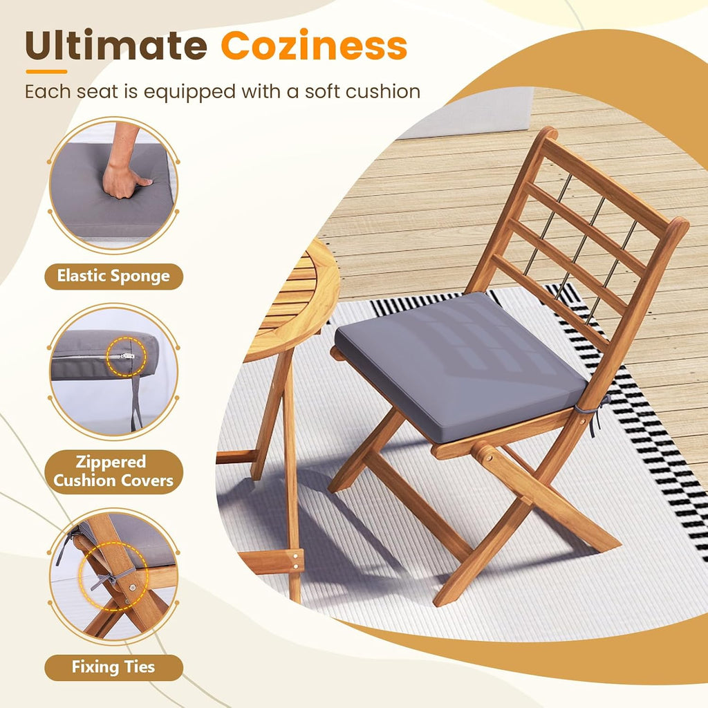 Tangkula 3 Piece Patio Wood Bistro Set, Folding Table Chair Set w/Soft Seat Cushions, Acacia Wood Frame, High-Back Portable Chairs w/Table for Backyard, Poolside (Grey)