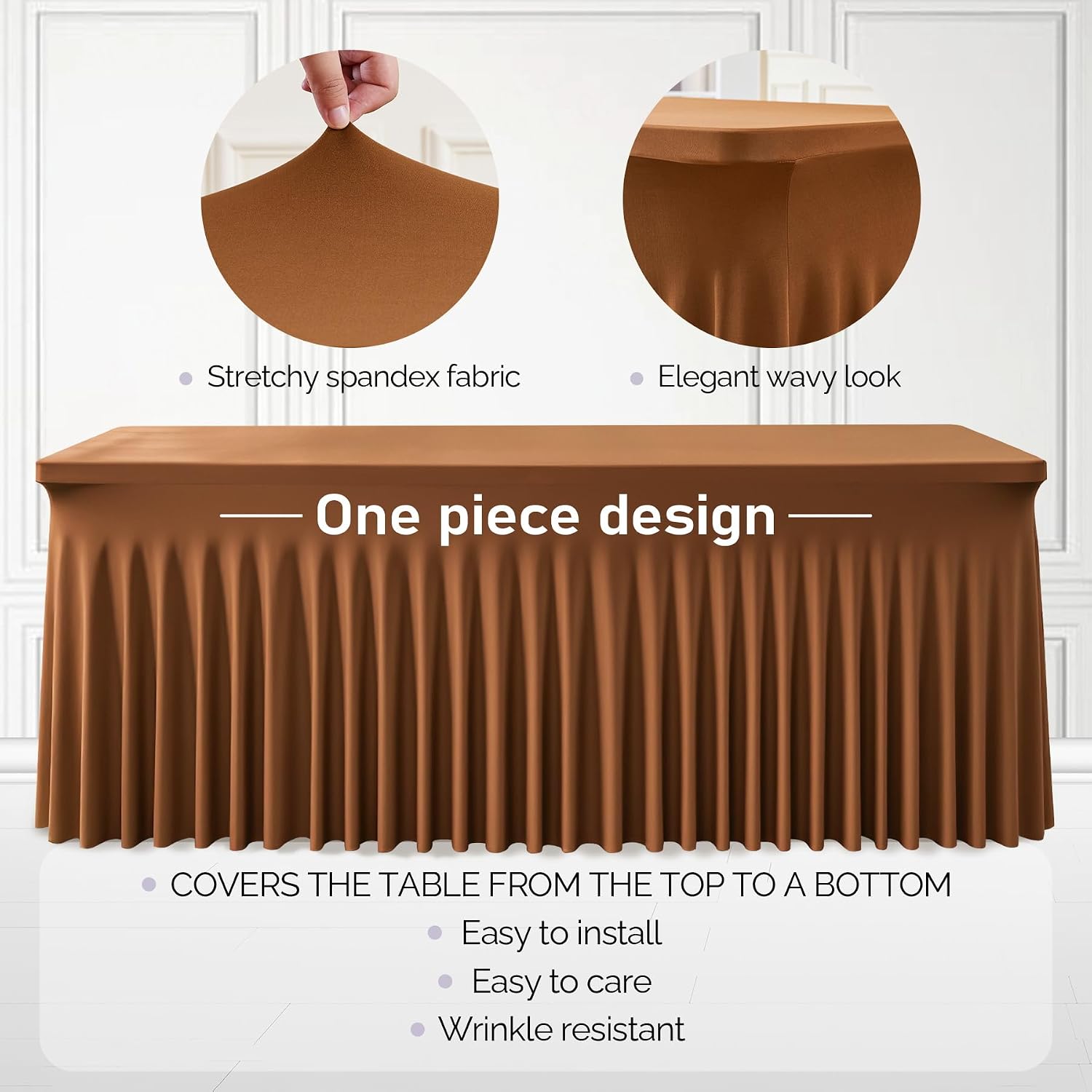 6 Packs Brown Spandex Tableclothes for 8 Foot Rectangle Tables, Wrinkle Free 8ft Fitted Table Cover Stretch Table Cloth Desk Skirt for Weddings Baby Shower Birthday Party Banquet Decorations