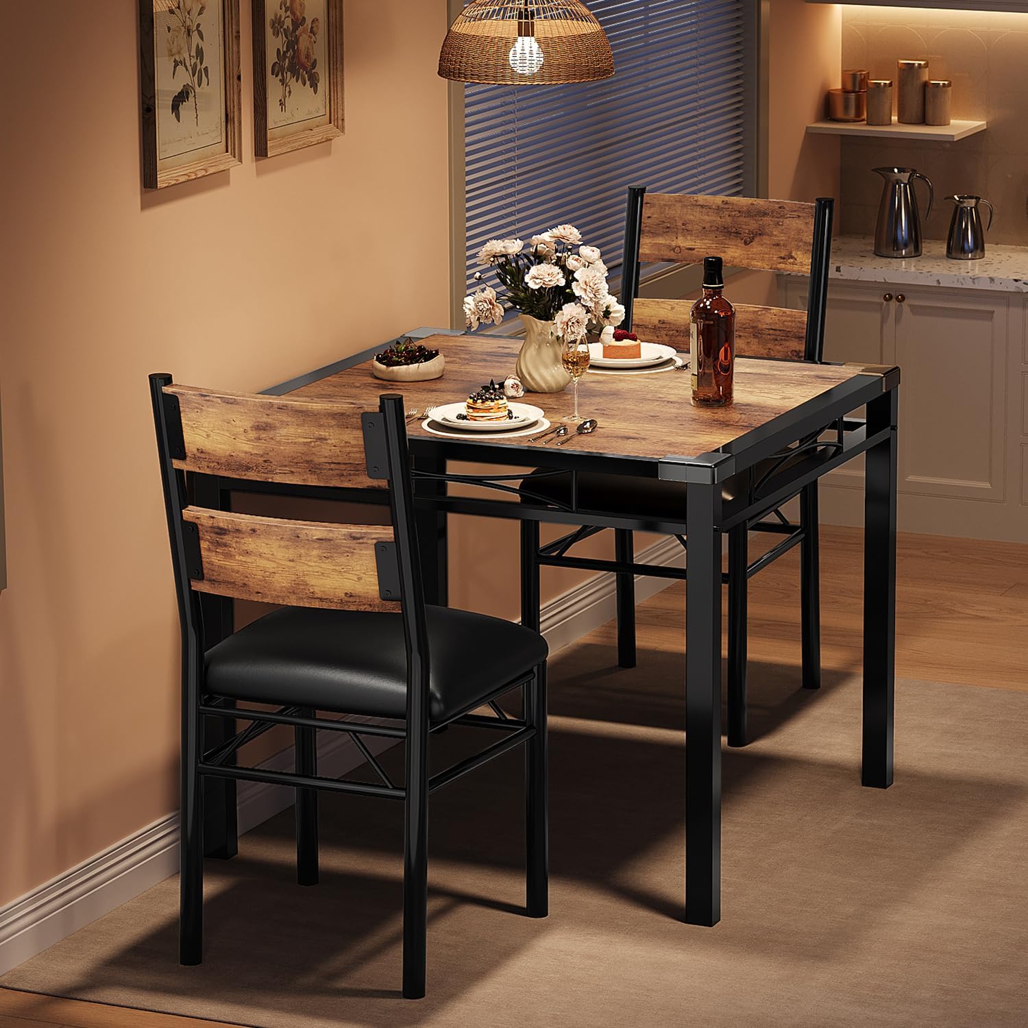 IDEALHOUSE Dining Table Set for 2, Dining Table with 2 Upholstered Chairs, Bistro Table and Chairs Set of 2 with Corner Protector for, Kitchen, Apartment, Retro Brown