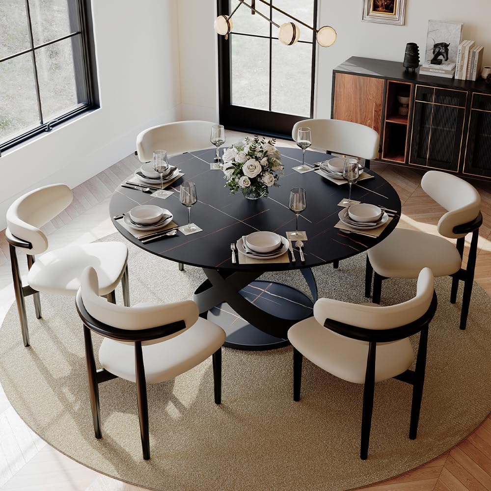 POVISON 60' Round Dining Table for 6, Modern Dining Room Table with Lazy Susan, Matte Black Sintered Stone Dining Tabletop with X-Shape Carbon Steel Base (Table Only)
