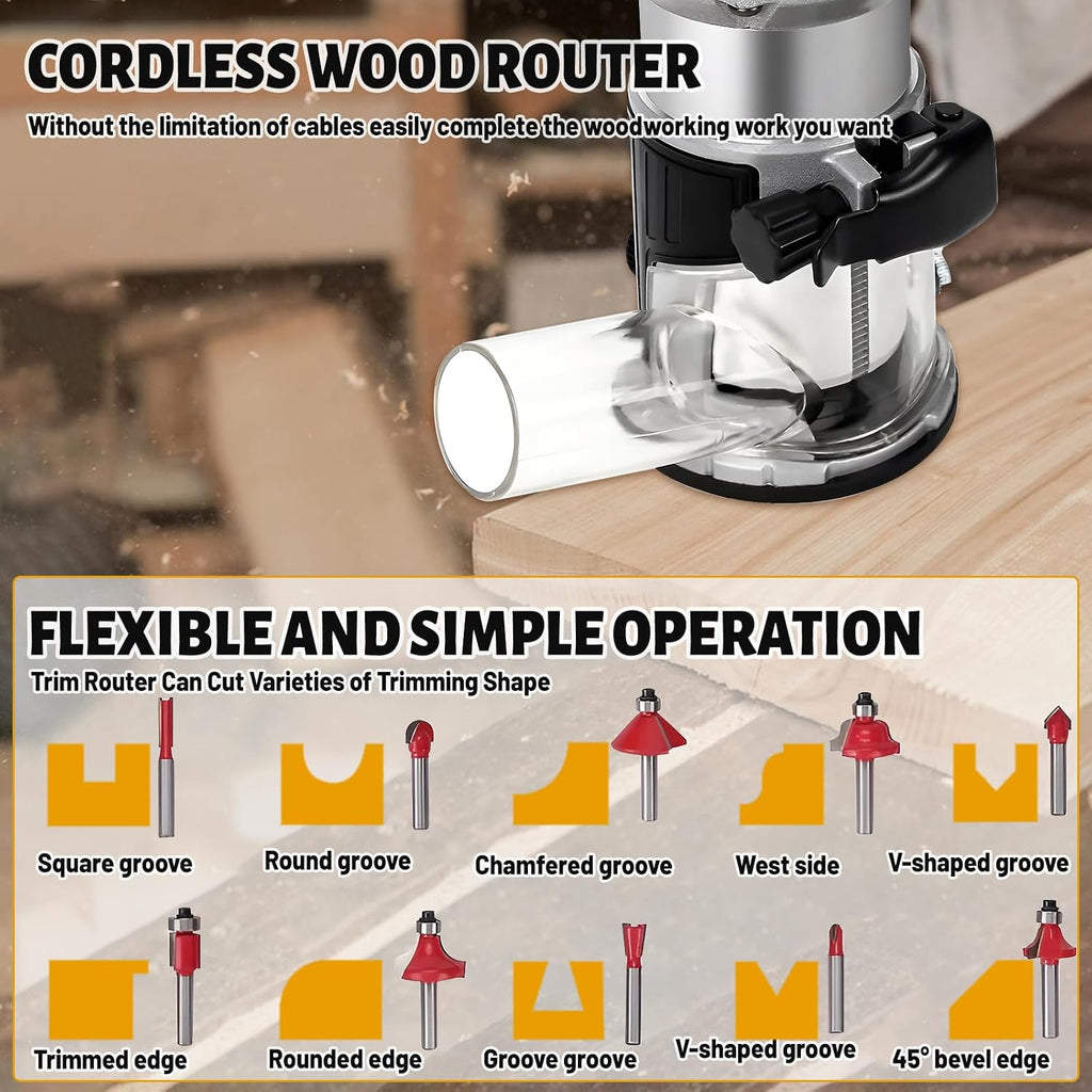 Cordless Power Router for DeWalt 20V Battery (Bare Tool), Brushless Trim Router with 15PCS 1/4' Bits, 6 Variable Speeds Router Tool for Woodworking, 800W 10000-30000min/r