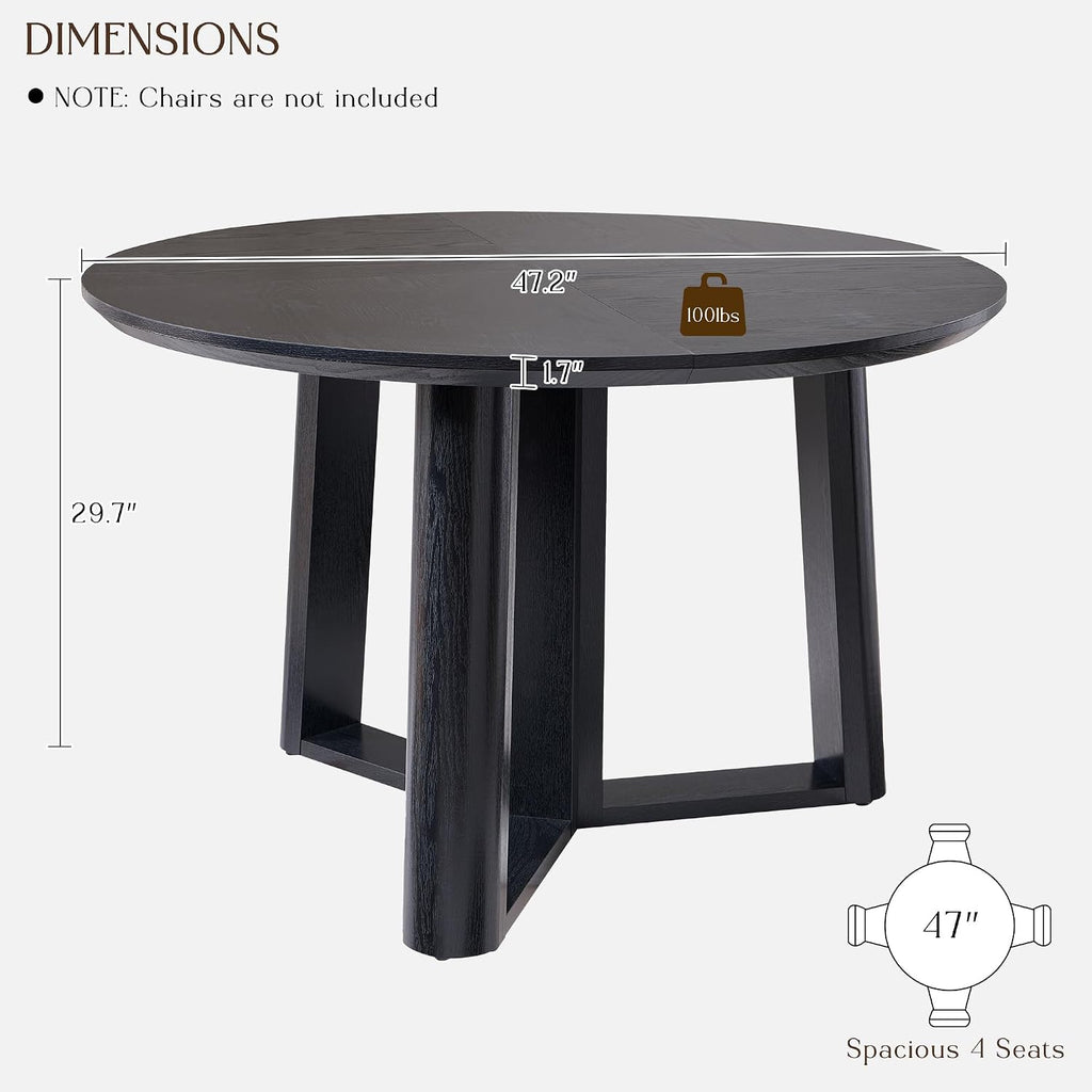 OKD 47' Dining Table for 4-6, Round Dining Room Table with Triangular Structure Pedestal Stable Base, Curved Table Edge, Circle Kitchen Tables for Dining Room, Kitchen, Black Oak