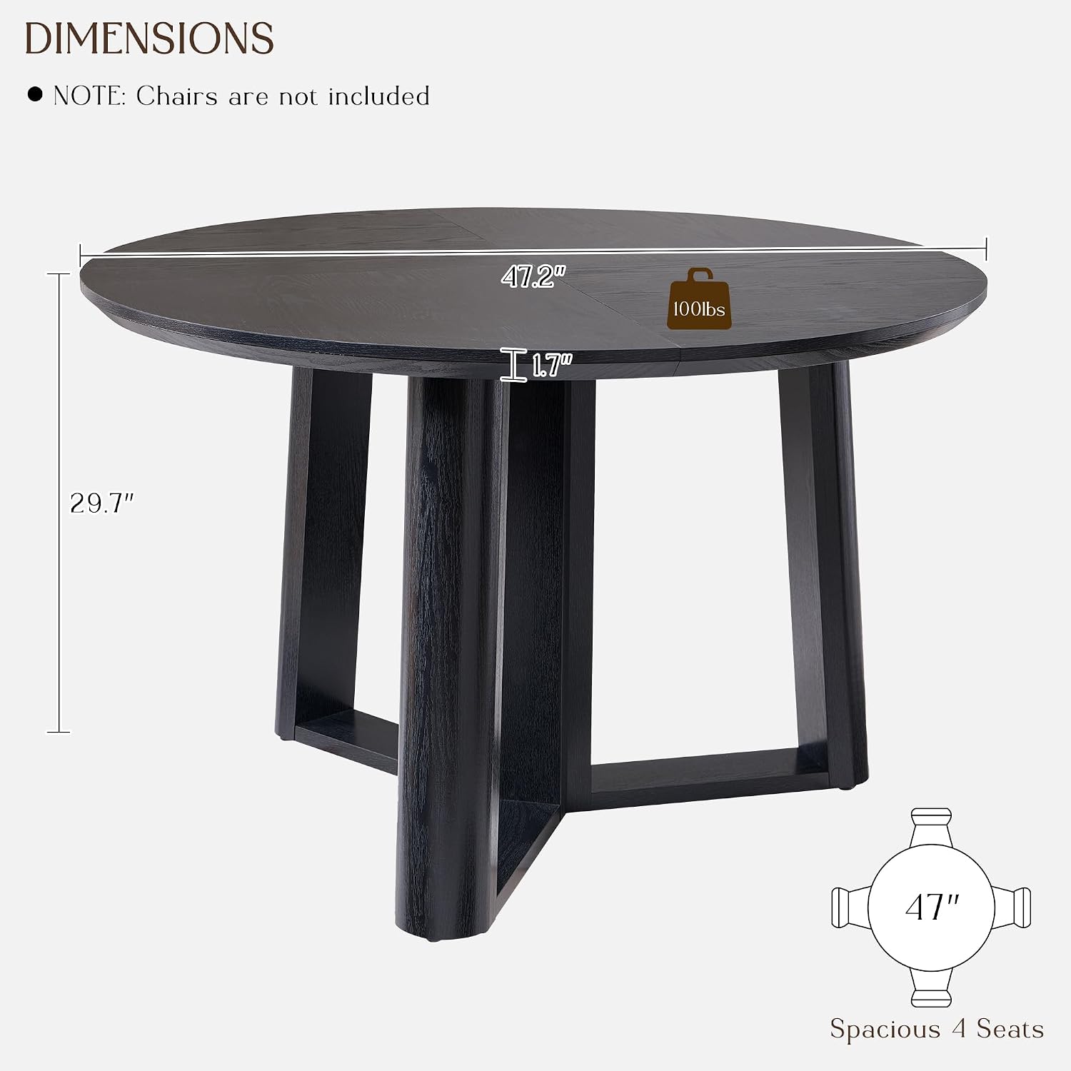 OKD 47' Dining Table for 4-6, Round Dining Room Table with Triangular Structure Pedestal Stable Base, Curved Table Edge, Circle Kitchen Tables for Dining Room, Kitchen, Black Oak