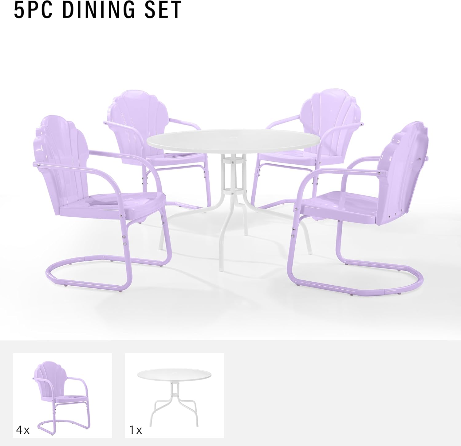 Crosley Furniture Tulip 5-Piece Outdoor Dining Set for 4, Vintage Retro Metal Round Patio Table and Chairs, Lavender Gloss/White Satin
