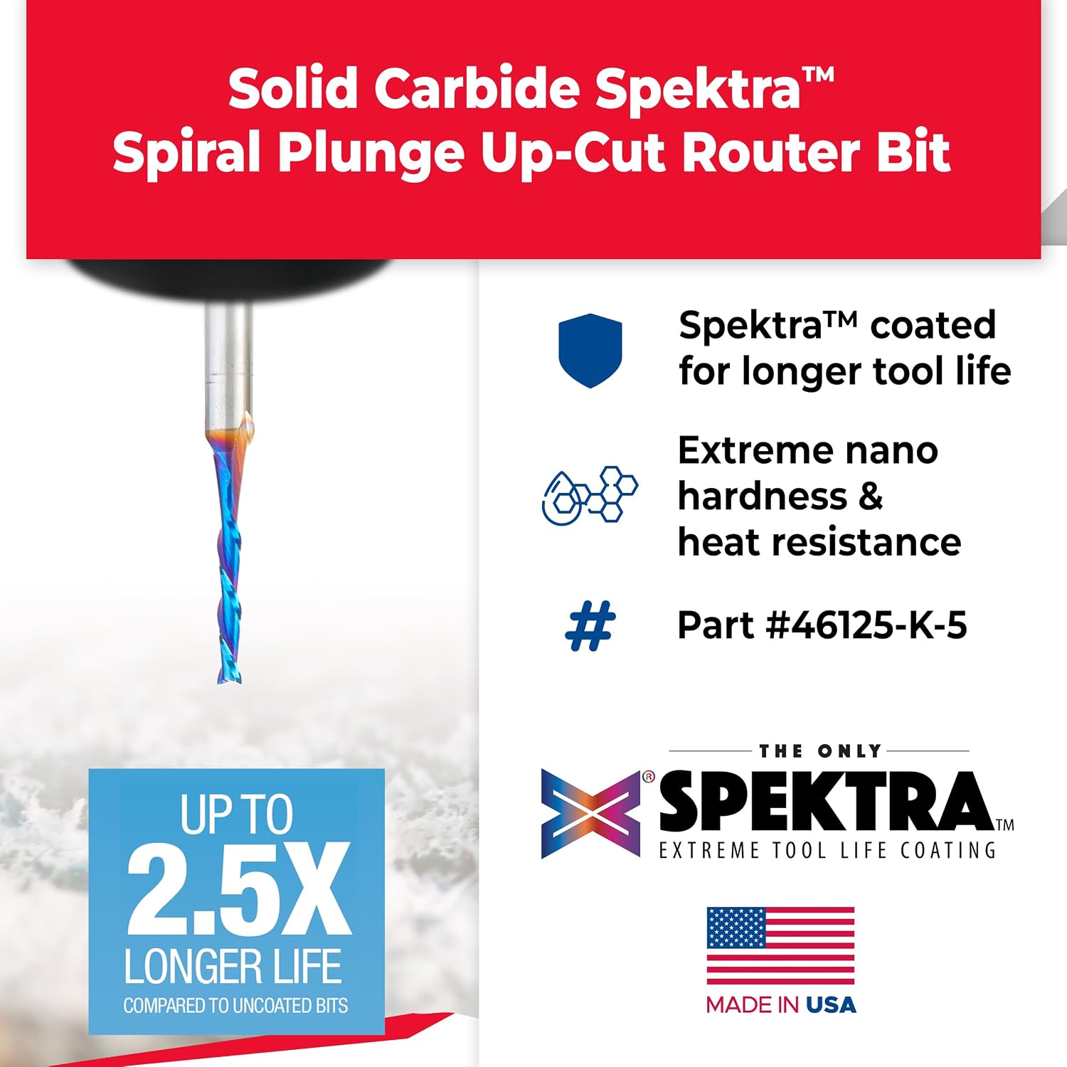 Amana Tool Spektra Extreme Tool Life Coated Solid Carbide Spiral Plunge Router Bit, 46125-K-5 5 Pack, 1/8 Dia x 13/16 CH x 1/4 Shank 2-1/2 Inch Long Up-Cut