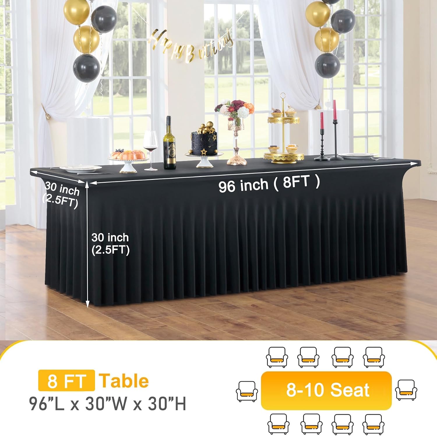 6pk Black 8ft Spandex Tablecloths for Rectangle Tables, Wrinkle Free Wavy Black Table Skirt Stretchy Fitted Table Cloth Covers 8 Foot for Weddings Birthday Party Events Banquette Baby Shower