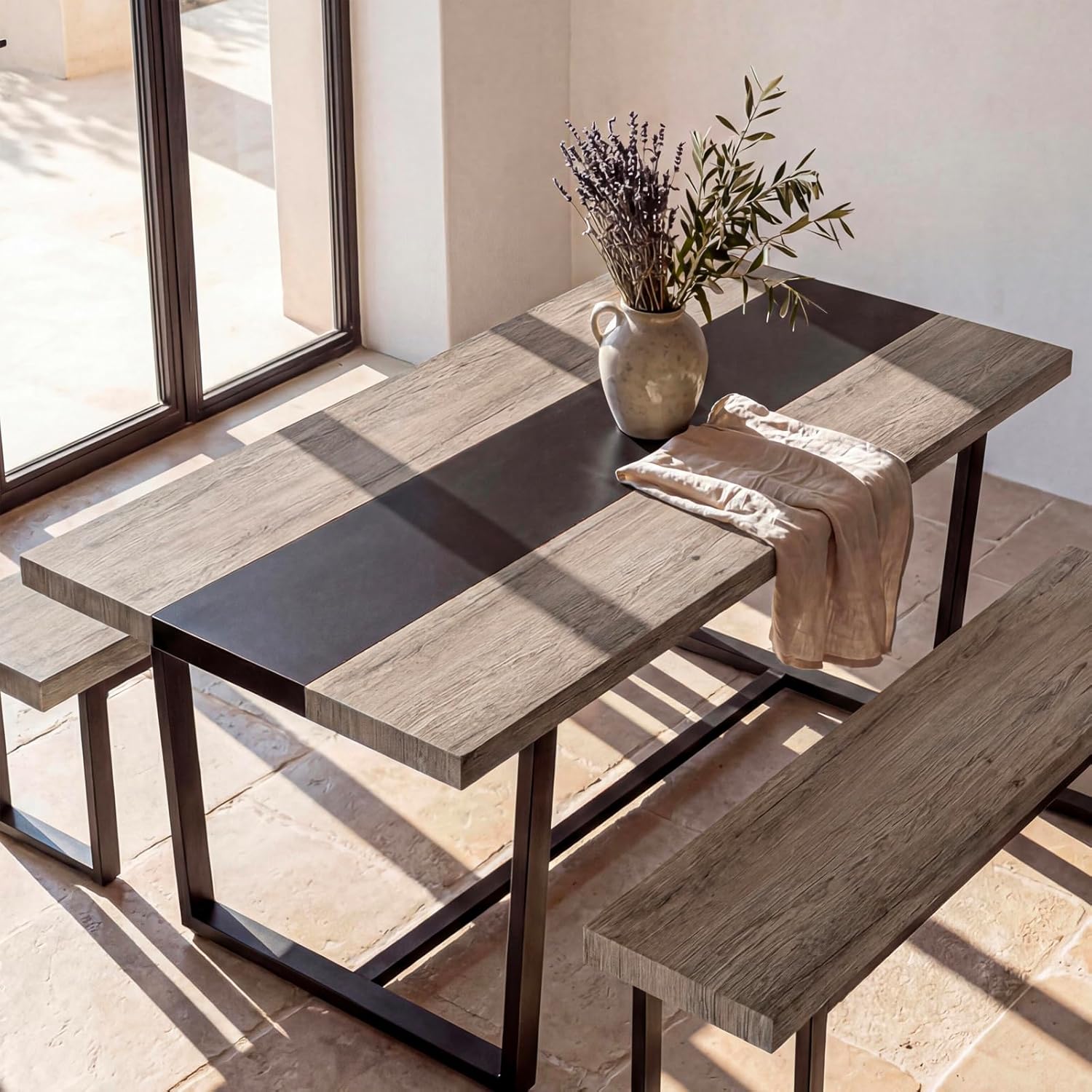 STHOUYN 71' 6ft Large Dinner Table for 6 8 Seat Dining Room Table, Rectangular Farmhouse Modern Kitchen Long Black & Grey Industrial Conference (Grey)