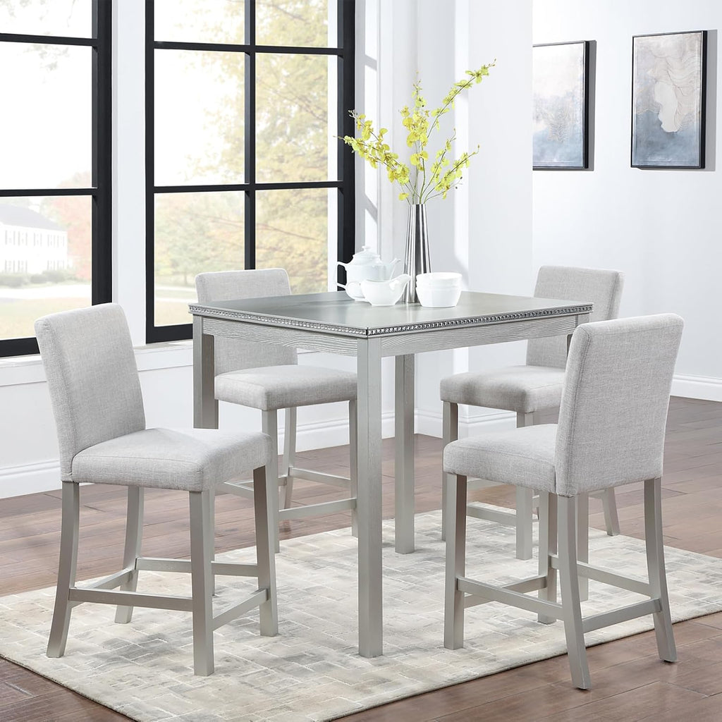 LUMISOL Dining Table Set for 4, 5-Piece Solid Wood Counter Height Kitchen Table Set with 4 Upholstered Chairs for Kitchen, Dining Room, Home Bar, Silver Gray
