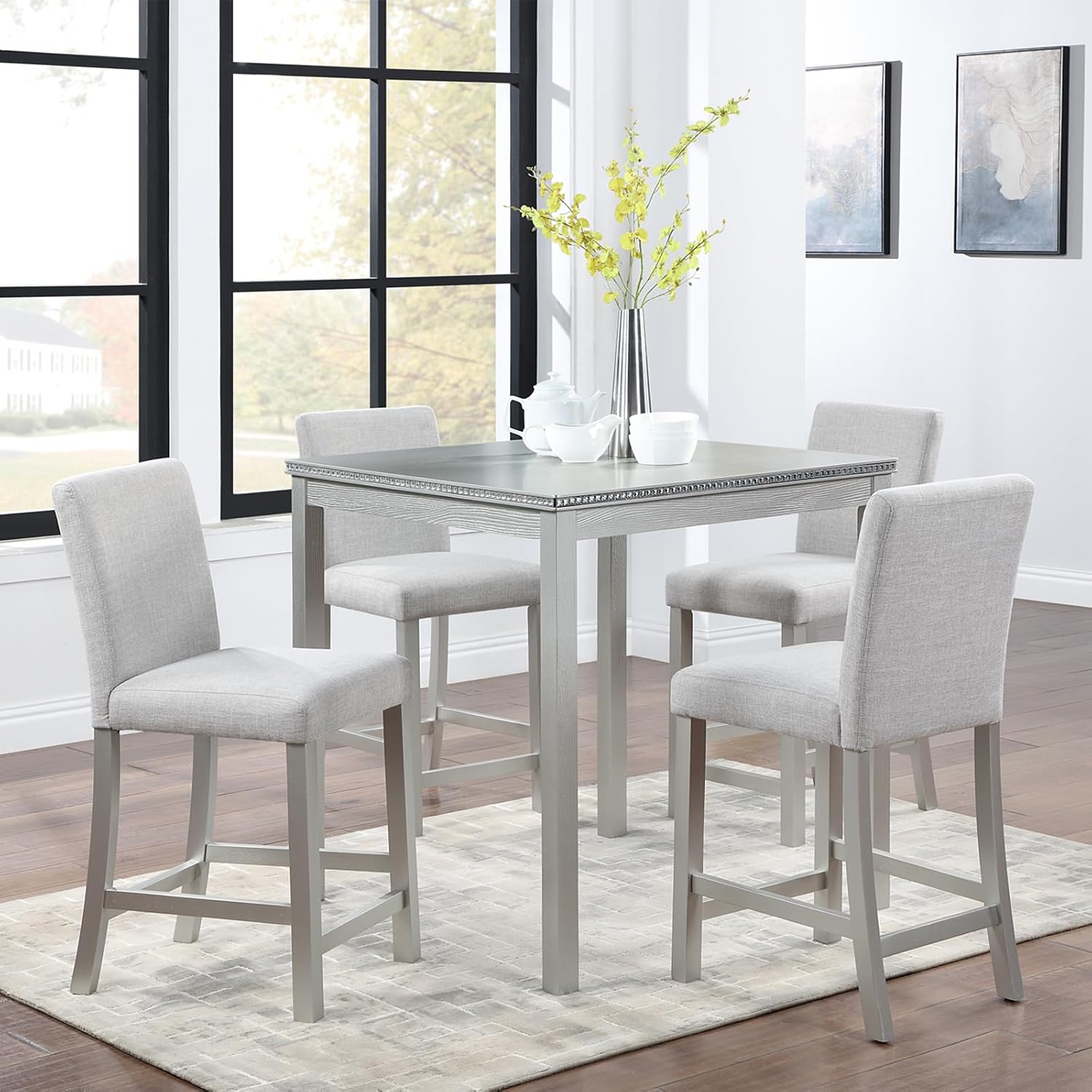 LUMISOL Dining Table Set for 4, 5-Piece Solid Wood Counter Height Kitchen Table Set with 4 Upholstered Chairs for Kitchen, Dining Room, Home Bar, Silver Gray
